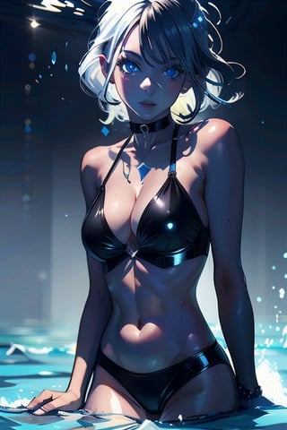 Masterpiece, Best Quality, 1girl, Mature, Adult, Water, Submerged, Underwater, Big Breasts, Black Bikini, White Hair, Medium Hair, Blue Eyes, Detailed Eyes, Barrette, Choker, Sexy,add_detail:1, add_detail:0, add_detail:0.5,moonriver
,glitter,girl