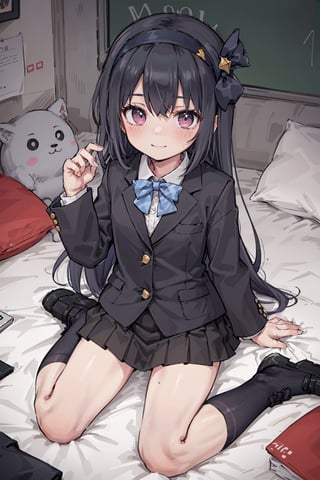  Bedroom,bed, loli, black-hair,very_long_hair, headband,black school_uniform, black blazer, wariza, small smile, black_skirt, black_kneehighs,1girl, looking_at_viewer