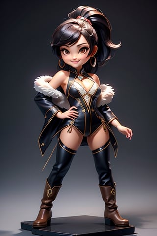 ((best quality)), ((masterpiece)), ((ultra-detailed)), high resolution, chibi girl, fluffy black hair, brown eyes, futuristic clothing, dynamic pose, cute, lite smile, happy, simple background, full body, 3DMM, High detailed, chibi, dynamic pose, cyberpunk, hanfu, showing shoulders, ear_ring, pony_tail, long boots, cleavage, necklace,