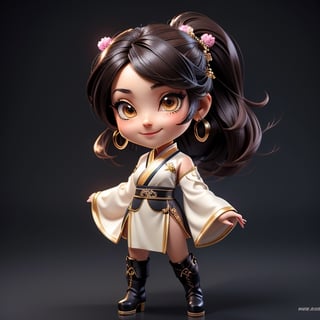 ((best quality)), ((masterpiece)), ((ultra-detailed)), high resolution, chibi girl, fluffy black hair, brown eyes, futuristic clothing, dynamic pose, cute, lite smile, happy, simple background, full body, 3DMM, High detailed, chibi, dynamic pose, cyberpunk, light hanfu, showing shoulders, ear_ring, pony_tail, long boots, cleavage, necklace, big head