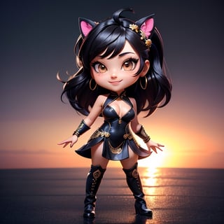 ((best quality)), ((masterpiece)), ((ultra-detailed)), high resolution, chibi girl, fluffy black hair, brown eyes, futuristic clothing, dynamic pose, cute, lite smile, happy, simple background, full body, 3DMM, High detailed, chibi, dynamic pose, cyberpunk, hanfu, showing shoulders, ear_ring, pony_tail, long boots, cleavage, necklace, big_boobs,High detailed , ahoge, standing on metallic floor 