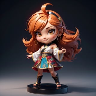 ((best quality)), ((masterpiece)), ((ultra-detailed)), high resolution, chibi girl, fluffy hair, brown eyes, futuristic clothing, dynamic pose, cute, lite smile, happy, simple background, full body, 3DMM, High detailed, chibi, dynamic pose, cyberpunk, hanfu, showing shoulders, ear_ring, ahoge, flurry flowy skirt