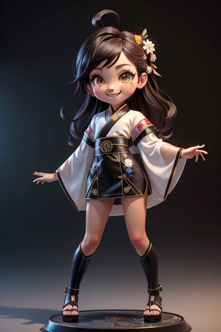 ((best quality)), ((masterpiece)), ((ultra-detailed)), high resolution, chibi girl, black fluffy hair, ahoge, brown eyes, futuristic clothing, dynamic pose, cute, smile, happy, simple background, full body, 3DMM, High detailed, chibi, smiling, dynamic pose, cyberpunk, hanfu, open palm hand