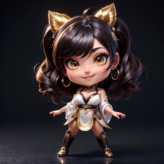 ((best quality)), ((masterpiece)), ((ultra-detailed)), high resolution, chibi girl, fluffy black hair, brown eyes, futuristic clothing, dynamic pose, cute, lite smile, happy, simple background, full body, 3DMM, High detailed, chibi, dynamic pose, cyberpunk, hanfu, showing shoulders, ear_ring, pony_tail, long boots, cleavage, necklace, big_boobs,High detailed , ahoge, standing on metallic floor 