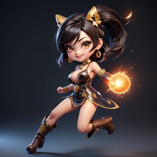 ((best quality)), ((masterpiece)), ((ultra-detailed)), high resolution, chibi girl, fluffy black hair, brown eyes, futuristic clothing, dynamic pose, cute, lite smile, happy, simple background, full body, 3DMM, High detailed, chibi, dynamic pose, cyberpunk, hanfu, showing shoulders, ear_ring, pony_tail, long boots, cleavage, necklace, big_boobs,High detailed , ahoge, jumping kick