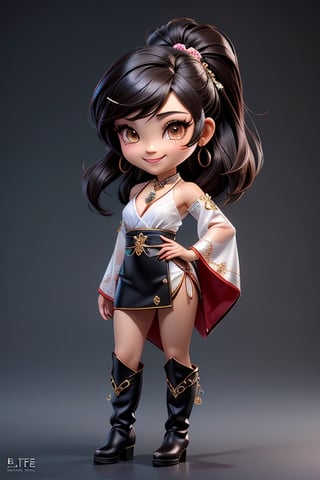 ((best quality)), ((masterpiece)), ((ultra-detailed)), high resolution, chibi girl, fluffy black hair, brown eyes, futuristic clothing, dynamic pose, cute, lite smile, happy, simple background, full body, 3DMM, High detailed, chibi, dynamic pose, cyberpunk, light hanfu, showing shoulders, ear_ring, pony_tail, long boots, cleavage, necklace, big head