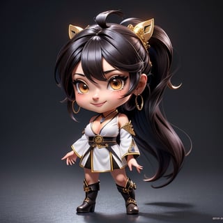 ((best quality)), ((masterpiece)), ((ultra-detailed)), high resolution, chibi girl, fluffy black hair, brown eyes, futuristic clothing, dynamic pose, cute, lite smile, happy, simple background, full body, 3DMM, High detailed, chibi, dynamic pose, cyberpunk, hanfu, showing shoulders, ear_ring, pony_tail, long boots, cleavage, necklace, big_boobs,High detailed , ahoge, standing on metallic floor 