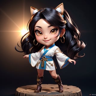 ((best quality)), ((masterpiece)), ((ultra-detailed)), high resolution, chibi girl, fluffy black hair, brown eyes, futuristic clothing, dynamic pose, cute, lite smile, happy, simple background, full body, 3DMM, High detailed, chibi, dynamic pose, cyberpunk, light hanfu, showing shoulders, ear_ring, pony_tail, long boots, cleavage, necklace, big head