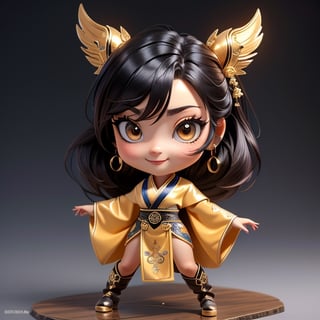 ((best quality)), ((masterpiece)), ((ultra-detailed)), high resolution, chibi girl, fluffy black hair, brown eyes, futuristic clothing, dynamic pose, cute, lite smile, happy, simple background, full body, 3DMM, High detailed, chibi, dynamic pose, cyberpunk, light hanfu, showing shoulders, ear_ring, pony_tail, long boots, cleavage, necklace, big head