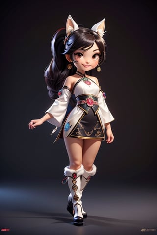 ((best quality)), ((masterpiece)), ((ultra-detailed)), high resolution, chibi girl, fluffy black hair, brown eyes, futuristic clothing, dynamic pose, cute, lite smile, happy, simple background, full body, 3DMM, High detailed, chibi, dynamic pose, cyberpunk, light hanfu, showing shoulders, ear_ring, pony_tail, long boots, cleavage, necklace, big head