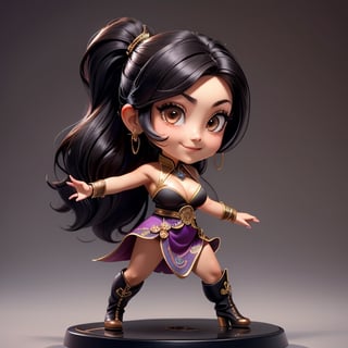 ((best quality)), ((masterpiece)), ((ultra-detailed)), high resolution, chibi girl, fluffy black hair, brown eyes, futuristic clothing, dynamic pose, cute, lite smile, happy, simple background, full body, 3DMM, High detailed, chibi, dynamic pose, cyberpunk, hanfu, showing shoulders, ear_ring, pony_tail, long boots, cleavage, necklace, big_boobs,High detailed 