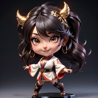 ((best quality)), ((masterpiece)), ((ultra-detailed)), high resolution, chibi girl, fluffy black hair, brown eyes, futuristic clothing, dynamic pose, cute, lite smile, happy, simple background, full body, 3DMM, High detailed, chibi, dynamic pose, cyberpunk, hanfu, showing shoulders, ear_ring, pony_tail, long boots, cleavage, necklace, big_boobs,High detailed , ahoge, flying kick from above