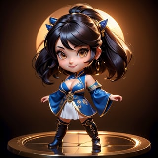 ((best quality)), ((masterpiece)), ((ultra-detailed)), high resolution, chibi girl, fluffy black hair, brown eyes, futuristic clothing, dynamic pose, cute, lite smile, happy, simple background, full body, 3DMM, High detailed, chibi, dynamic pose, cyberpunk, hanfu, showing shoulders, ear_ring, pony_tail, long boots, cleavage, necklace, big_boobs,High detailed , ahoge, standing on metallic floor 