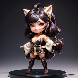 ((best quality)), ((masterpiece)), ((ultra-detailed)), high resolution, chibi girl, fluffy black hair, brown eyes, futuristic clothing, dynamic pose, cute, lite smile, happy, simple background, full body, 3DMM, High detailed, chibi, dynamic pose, cyberpunk, hanfu, showing shoulders, ear_ring, pony_tail, long boots, cleavage, necklace, big_boobs,High detailed , ahoge