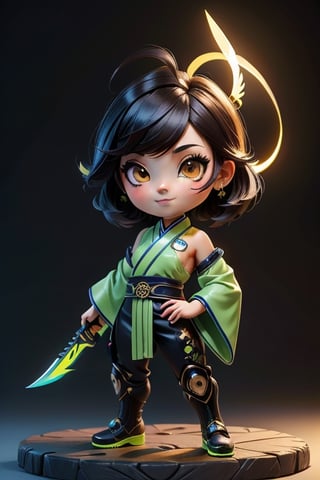 ((best quality)), ((masterpiece)), ((ultra-detailed)), high resolution, chibi girl, black fluffy hair, ahoge, brown eyes, futuristic clothing, dynamic pose, cute, happy, simple background, full body, 3DMM, High detailed, chibi, dynamic pose, cyberpunk, green hanfu, holding cyberpunk neon giant blade, showing shoulders,