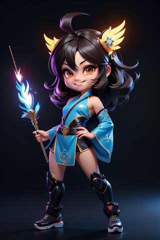 ((best quality)), ((masterpiece)), ((ultra-detailed)), high resolution, chibi girl, black fluffy hair, ahoge, brown eyes, futuristic clothing, dynamic pose, cute, smile, happy, simple background, full body, 3DMM, High detailed, chibi, smiling, dynamic pose, cyberpunk, blue hanfu, holding cyberpunk neon spear, High detailed , showing shoulders