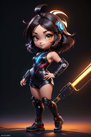 ((best quality)), ((masterpiece)), ((ultra-detailed)), high resolution, chibi girl, black fluffy hair, ahoge, brown eyes, futuristic clothing, dynamic pose, cute, happy, simple background, full body, 3DMM, High detailed, chibi, dynamic pose, cyberpunk, red hanfu, holding cyberpunk neon weapon, showing shoulders,