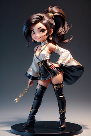 ((best quality)), ((masterpiece)), ((ultra-detailed)), high resolution, chibi girl, fluffy black hair, brown eyes, futuristic clothing, dynamic pose, cute, lite smile, happy, simple background, full body, 3DMM, High detailed, chibi, dynamic pose, cyberpunk, light hanfu, showing shoulders, ear_ring, pony_tail, long boots, cleavage, necklace, big head