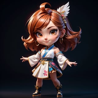 ((best quality)), ((masterpiece)), ((ultra-detailed)), high resolution, chibi girl, fluffy hair, brown eyes, futuristic clothing, dynamic pose, cute, lite smile, happy, simple background, full body, 3DMM, High detailed, chibi, dynamic pose, cyberpunk, hanfu, showing shoulders, ear_ring, ahoge, flurry flowy skirt