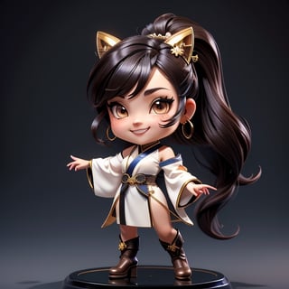 ((best quality)), ((masterpiece)), ((ultra-detailed)), high resolution, chibi girl, fluffy black hair, brown eyes, futuristic clothing, dynamic pose, cute, lite smile, happy, simple background, full body, 3DMM, High detailed, chibi, dynamic pose, cyberpunk, light hanfu, showing shoulders, ear_ring, pony_tail, long boots, cleavage, necklace, big head