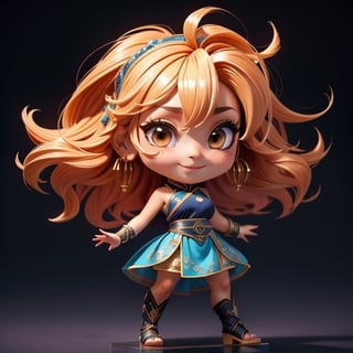 ((best quality)), ((masterpiece)), ((ultra-detailed)), high resolution, chibi girl, fluffy hair, brown eyes, futuristic clothing, dynamic pose, cute, lite smile, happy, simple background, full body, 3DMM, High detailed, chibi, dynamic pose, cyberpunk, hanfu, showing shoulders, ear_ring, ahoge, flurry flowy skirt