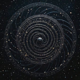 a serine aesthetic photo of a spinny-top spinning in dark outer space while there are a few  2D stars scattered around. intricate details lines and dots