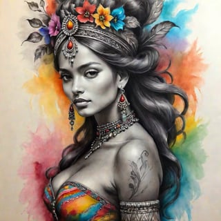 charcoal drawing of decorative woman, painting colorful