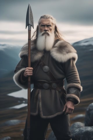 An old Norse warrior, man with long white beard, long hair and one eye is covered with an eyepatch, wearing Nordic armor, muscular strong body, holding a spear standing tall in mystical Scandinavian mountains, Cinematic, beautiful sunset, 8k, dslr, high quality