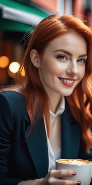 a wide-angle waist-up portrait photo of 30 y.o woman, seated in a street side cafe, happy drinking coffee, with red hair, dressed like a teacher, pale skin, slim body, realistic textured hazel eyes, beautiful eyes, hyper detailed eyes, perfect fingers, beautiful fingers, matching colour fingernails, background is a busy city landscape, cinematic, (highly detailed skin:1.2), 8k uhd, dslr, soft lighting, high quality