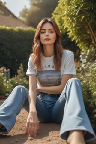 A commercial photograph, a female model posing in flared denim pants with t-shirts, seated in a garden outdoor, forced perspective, lower angle photography, stylish pose, commercial photo shoot, (high detailed skin:1.2) daylight, Cinematic, 8k, dslr, high quality