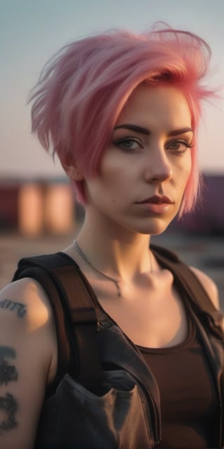 Waist up portrait photo of 30 y.o woman in wastelander clothes, pink hair, short haircut, pale skin, slim body, background is industrial waste land city, sunset (high detailed skin:1.2),8k uhd, mirrorless camera, soft lighting, high quality