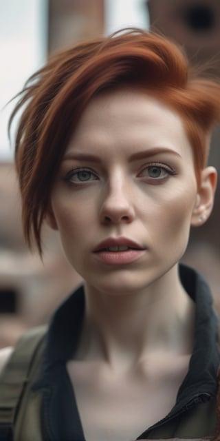 a close up portrait photo of 30 y.o woman in wastelander clothes,redhair,short haircut,pale skin,slim body,background is city ruins,(high detailed skin:1.2),8k uhd,dslr,soft lighting,high quality