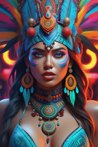 (best quality,highres:1.2), ultra-detailed, realistic, professional, surreal, psychedelic, highly detailed digital painting, full-body shot, shaman, face, detailed eyes, detailed lips, bikini, intricate, elegant, lithe, smooth, sharp focus, ArtStation, concept art, illustration, colourful, vibrant, dynamic lighting