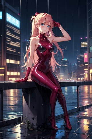 full_body, teen, petite, girl, shy, asuka_langley, yellow_latex, sitting_down, wet, city, night, wind, rain