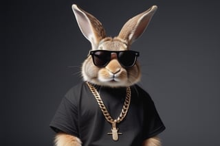 rabbit with sunglasses, dressed in a black t-shirt, his hairstyle is straight hair, wearing rapper-style chains,.