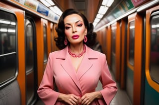 40 year old, beautiful woman (Maria Felix), wearing  pink luxury clothe, looking a Mexico City orange subway, bacgraund CDMX,Face makeup