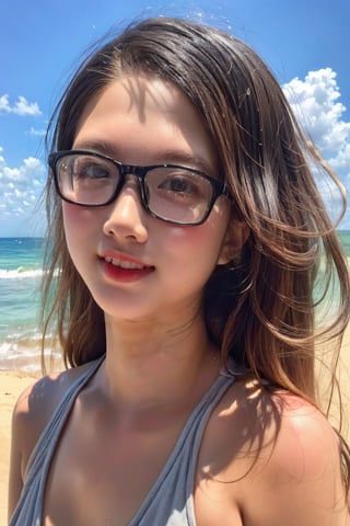 8k, masterpiece, best quality, photoshop, ultra high res, ultra detailed, realistic, (photorealistic:1.4), depth of field, lens flare, professional lighting, ultra wide shot,  a full-body portrait of underage girl), youth, (small breasts), candid posing, beach, (( 24 year old :1.8)), ((glasse :1.2))