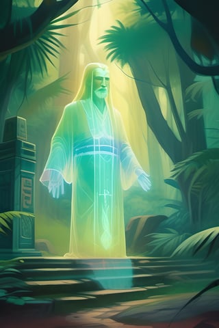 A long shot photo of a translucent flying spiritual hologram of old wise tayrona man, ancient shrine in the jungle, cel shading, low poly, videogame character, flat shading, painted by moebius