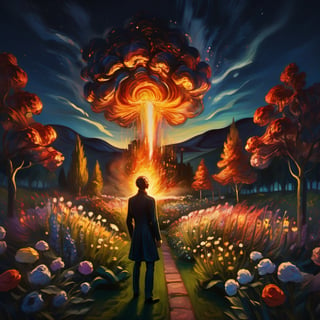 (exquisite illustration:1.4), (masutepiece:1.0), (Best quality:1.4), (超High resolution:1.2), dark vibes, ((a painting of a lonely man standing in a beautiful flowers garden at night but his head burning with big fire like explosion until he lost his face, only burning fire like surreal)), oil painting, blurry, oil shade, style of Edvard Munch,Renaissance Sci-Fi Fantasy,ColorART