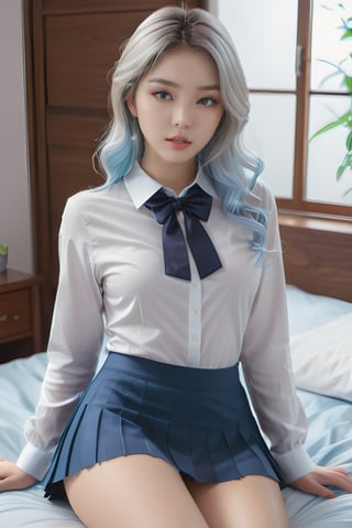 Cgi, realistic, best quality, 8k graphics, uhd, graphics, realistic, bright colours, best graphics, complex background, Photo of Attractive Korean Woman, 2 Girl, (short wavy hair), Abs, Perfect Body, Ultra Detailed Face, Detailed Lips, Fine Eyes, double eyelids, on the bedroom, (seductive), ((aroused:1.5)), long legs, insane detail, cameltoe, sexy shaved pussy, very sexy girl, perfect and realistic boobs, sexy ass, head to toe full body, More Detail, show legs, huge thigh gap, neon white hair, long hair, sexy ass, more detail XL, korean girl face, ((front view:1.2)), detailmaster2,L, Extremely Realistic, japanese school uniform with blue micro pleated skirt, ((full body:1.2)), standing, zoom out,detailmaster2