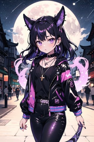 1girl, solo, medium shot, walking in harajuku, asain ((night time)), short black hair, purple eyes, starry sky, purple shimmer hair, black eyebrow, glowing hair, (iridescent black hair),moon earrings, bangs, moon jewelry, piercings, jewelry, ring, cross, piercing, collar, necklace, ear piercing, earrings, choker, asain eyes,  symmetrical face, blunt , purple eyes, blurry background, blurry, looking at viewer, portrait, flatchest,  leather pants, snake skin jacket