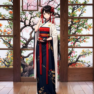 shukezouma, negative space, , shuimobysim, portrait of a woman standing, willow branches, (masterpiece, best quality:1.2), traditional chinese ink painting, modelshoot style, peaceful, (smile), looking at viewer, wearing long hanfu, hanfu, song, willow tree in background, wuchangshuo,