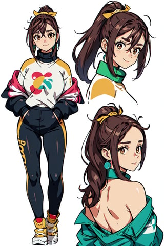 (CharacterSheet:1), (multiple views, full body, reference sheet:1),(simple background, white background),(masterpiece:1.2),  best quality ,1girl, cowboy shot, brown eyes, up close, wearing long pants, hair tied up, brown hair with yellow highlights, happy_face, visible forehead, hands_raised , half_up_hair, adventure outfit, smiling, medieval_outfit, sweater, jumper,  boots, no bangs, tracksuit, long_ponytail, hair_clips, wrist_band, ribbon_in_hair, 18 year old, cheerful, balancing pose, legs apart, looking at butterfly, undressing, stripping, lift_shirt, sex, naked, shy, head turned, looking_over_shoulder, medium_ass, back_view, from behind, backside, ass, back turned, hands on hips,momo_ayase