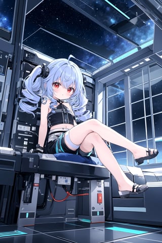 best quality,masterpiece, helix, twin drills,loli, red eyes, double helix, sleeveless, tube top, shorts, futuristic, inside spacecraft, starry sky, nebula, big window, indoors, metal walls, metal floor, sitting