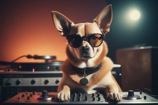 DJ dog, warm cinematic color grade, vintage photography