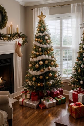 A Christmas tree decorated with all white lights and ornaments.