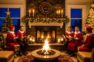 A group of carolers singing in front of a fireplace.,DonMN30nChr1stGh0sts