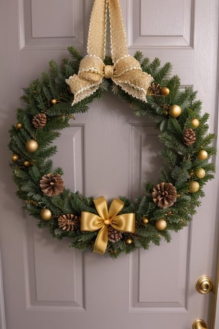 A Christmas wreath hanging on a front door.