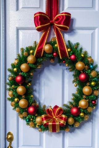 A Christmas wreath hanging on a front door.,DonMN30nChr1stGh0sts