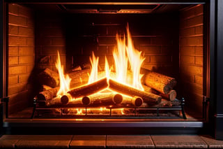 A close-up of a burning fireplace with logs and embers and stocking hung above,,DonMN30nChr1stGh0sts